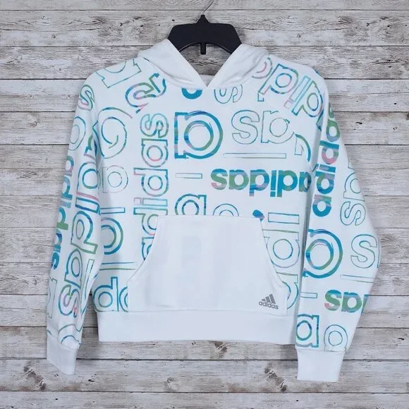 Adidas Girls Hoodie S White Teal 97 - Picture 1 of 4